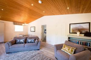 a living room with two couches and a fireplace at Deerstalker chalet in Crianlarich