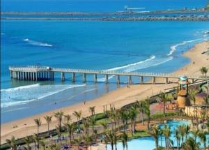 a pier over a beach with palm trees and the ocean at One bedroom apartment at The Sails in Durban