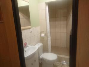 a bathroom with a white toilet and a sink at Pokoje Gdynia Demptowo in Gdynia