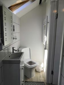 a white bathroom with a toilet and a sink at Captivating Isolde Cottage with pool near St Ives in Camborne