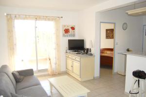 un soggiorno con divano e TV di Appartement de 2 chambres a Valras Plage a 600 m de la plage avec piscine partagee terrasse amenagee et wifi a Valras-Plage
