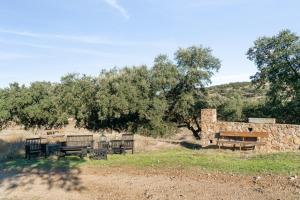 a group of benches sitting under a tree at 4 bedrooms villa with private pool enclosed garden and wifi at Valverde de Leganes in Valverde de Leganés