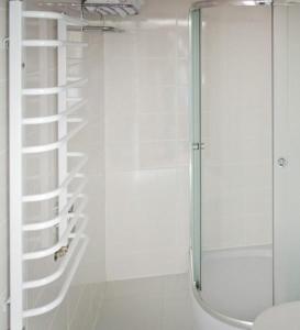 a shower with a glass door in a bathroom at Hotel Podkowa in Płock