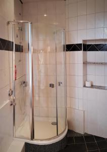 a shower with a glass door in a bathroom at ELENA flat Lavendel Duisburg Zentrum in Duisburg