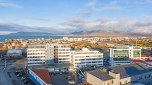 an aerial view of a city with buildings and mountains at H&oacute;tel M&uacute;li in Reykjav&iacute;k