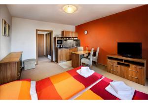 A television and/or entertainment centre at Apartmanový Dom TatraTravel Smokovec