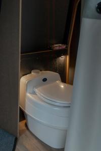 a bathroom with a white toilet in a stall at AuroraHut Aurantola in Kouvola