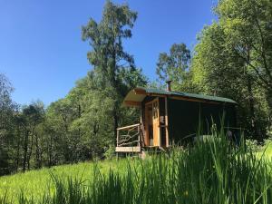a tiny house sitting on a hill in a field at Cosy woodland off grid Shepherds Hut - Hazel in Castle Douglas