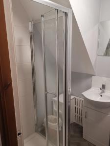 a bathroom with a shower and a sink at Seaside Chalet - Sleeps 6 in Kingsdown