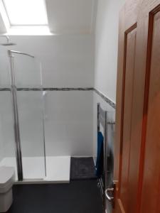 baño con aseo y puerta de cristal en Modern 2nd floor 1 bed apartment in the heart of, en Llandudno