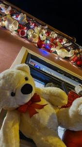 a stuffed teddy bear sitting in front of a machine at Casa Kuhn in Sighişoara