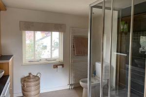 a bathroom with a toilet and a glass shower at Luxury Country Cottage in Smeeth