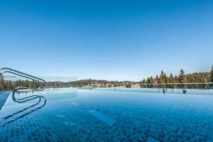 a large swimming pool with blue water and trees at Silver Mountain Panoramic View C48 in Poiana Brasov