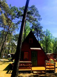 una pequeña cabaña roja en medio de un bosque en Domki Letniskowe MAJA en Pogorzelica