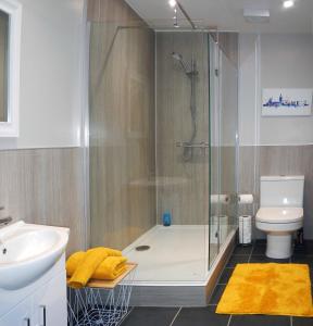 een badkamer met een douche, een toilet en een wastafel bij Machermore Castle East Lodge in Newton Stewart