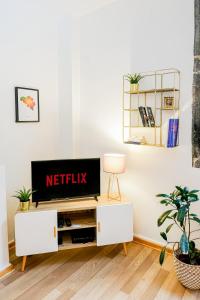a living room with a television on a tv stand at Les Cerisiers - Duplex de Standing au Centre de Namur in Namur
