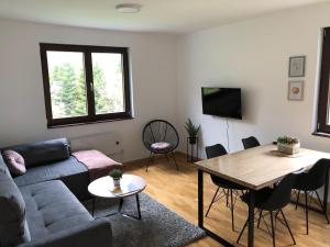 una sala de estar con un sofá y una mesa en Vila Irina Kopaonik - Apartman Jovana, en Kopaonik