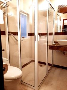 La salle de bains est pourvue d'une douche, de toilettes et d'un lavabo. dans l'établissement Hotel Boutique La Albertina, à San Martín Texmelucan de Labastida