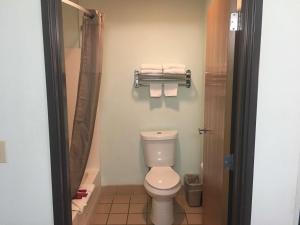 a bathroom with a toilet and a shower with towels at SureStay Hotel by Best Western Weimar in Weimar +12 photos