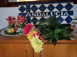 een bord op een toonbank met bloemen erop bij Andalucia Guest House in San Juan