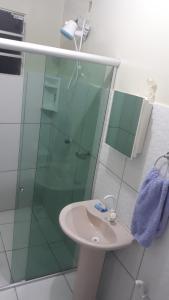 アウテル・ド・ションにあるPousada Recanto Maguaryのバスルーム(洗面台、ガラス張りのシャワー付)