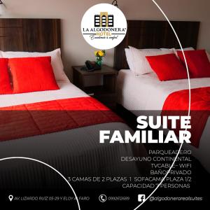 Un folleto para una habitación de hotel con 2 camas en Hotel La Algodonera, en Ambato