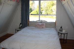 1 dormitorio con 1 cama y ventana grande en Classic A-frame on Milford en Te Anau