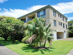 eine Palme vor einem Haus in der Unterkunft The Dunes15 fabulous unit with pool tennis court and across the road to the beach in Fingal Bay