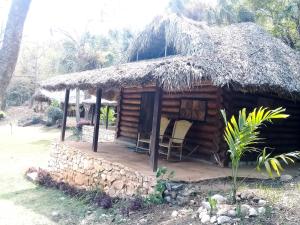 a small hut with a thatched roof and chairs in it at Room in Lodge - Sierraverde Huasteca Potosina Cabins Palo De Rosa in Tamasopo