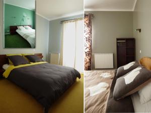 Duas fotografias de um quarto com uma cama e uma janela em Les Chambres du Sillon em Pleubian