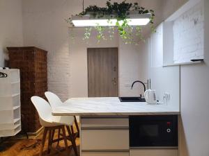 cocina con encimera y sillas en una habitación en Takie studio, że żal nie wynająć, en Łódź