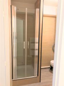 bagno con doccia in vetro e servizi igienici. di Bel appartement design tout confort (Parking Gratuit) à 10 minutes de Bordeaux a Cenon