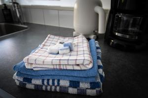 einen Haufen Handtücher auf einer Küchentheke in der Unterkunft de Bornrif in Hollum