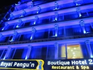 a building with blue lights on top of it at Royal Penguin Boutique Hotel & Spa in Kathmandu
