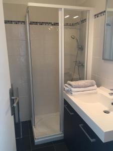 a bathroom with a shower and a sink at Les Suites du Port in Le Bourget-du-Lac +39 photos