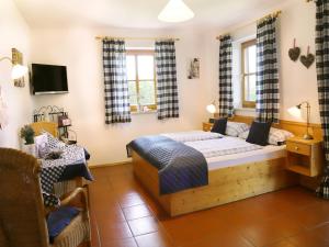 a bedroom with a bed and a tv and windows at Strohmayer Appartements in Bad Endorf