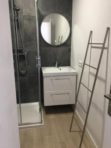 a bathroom with a shower and a sink and a mirror at Auron Joli appartement in Auron