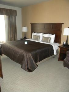 
a hotel room with a bed and a dresser at Teddy's Residential Suites Watford City in Watford City

