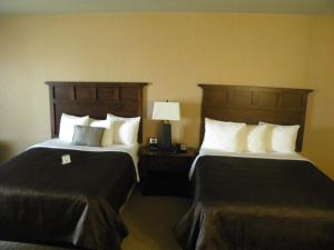 una camera d'albergo con due letti e una lampada di Teddy's Residential Suites Watford City a Watford City