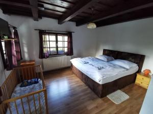 1 dormitorio con 1 cama grande y suelo de madera en Pension U Jelinka, en Nové Hamry