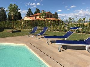 un gruppo di sedie a sdraio blu accanto alla piscina di Borgo del Silenzio - Apartments with pool in Lajatico a Laiatico