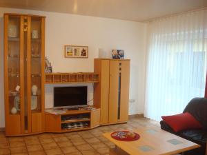 a living room with a tv and a entertainment center at Ferienwohnung Glückstein in Großeibstadt