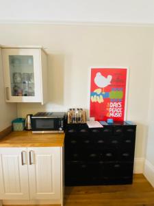 eine Küche mit einem schwarzen Schrank und einer Mikrowelle in der Unterkunft Elegant Spacious Apartment in Heart of St Leonards in Hastings