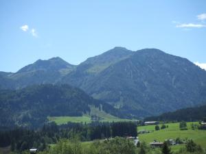 a view of a mountain range with green hills at Ferienwohnungen Niederacher in Fieberbrunn