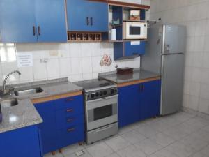La cuisine est équipée de placards bleus et d'un réfrigérateur en acier inoxydable. dans l'établissement Departamento Familiar Amplio y cómodo, à Santiago del Estero
