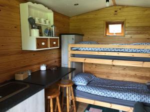 a room with two bunk beds and a table at Unique Off- Grid Beehive Pod at Westcote Glamping in Hawick
