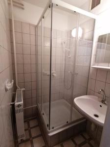 a bathroom with a shower and a sink at Szilvi&oacute; in Gyenesdi&aacute;s