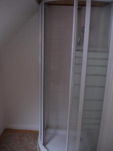 a shower with a glass door in a bathroom at Chata Bucharka in Liberec