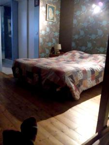 Un dormitorio con una cama con una manta. en Appartement d'une chambre avec jardin clos et wifi a Hirel, en Hirel