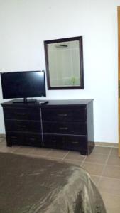 un televisor en un tocador con un espejo en la pared en One bedroom apartement with furnished garden and wifi at La Savane 2 km away from the beach, en Happy Bay